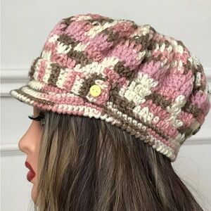 Chic Pink and Brown Crochet Hat